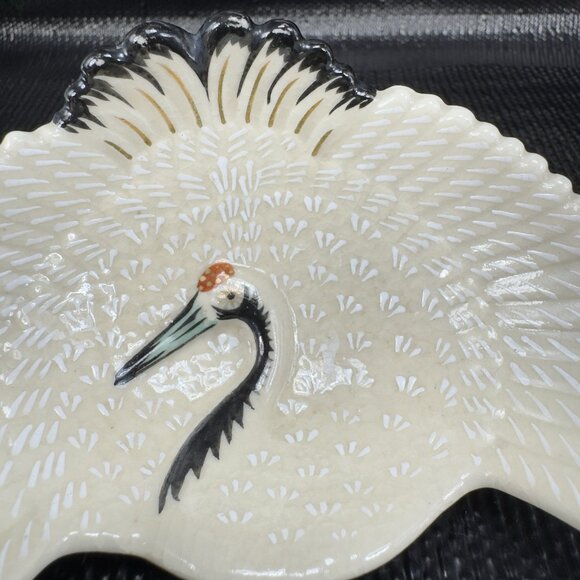 Vintage Japanese Ceramic Footed Crane 4inch Dish Plate Rare Set 3 Dishes Marked - Picture 6 of 16